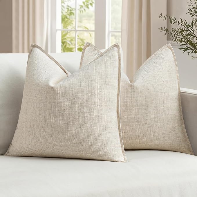 MIULEE Thick Textured Decorative Throw Pillow Covers 20x20 in Natural Beige | Set of 2, Linen Blend Pillow Cover, Flange Edge Design, Farmhouse Modern Boho Style, Bed Couch Living Room Decor