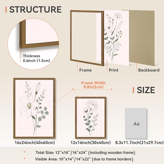 OPFDE Wood Framed Sage Green Botanical Wall Art Set of 3, Minimalist Wildflower Poster Prints, Neutral Floral Line Art Decor, Modern Farmhouse Bathroom Artwork for Living Room Bedroom 12x16 Inch