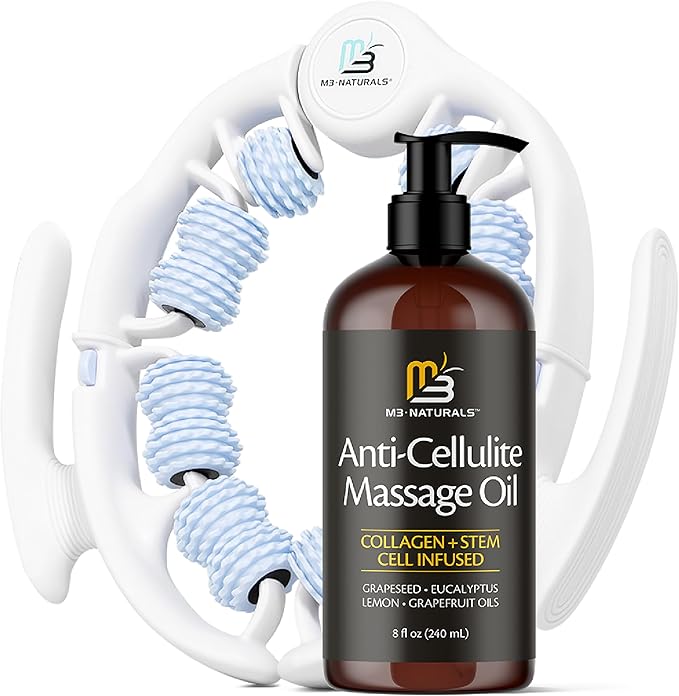 Anti Cellulite Oil and Lymphatic Drainage Massager Kit | Fascia Blaster for Contoured & Smoother Skin | Muscle Roller for Sore Arms, Legs, and Stomach, 8 fl oz by M3 Naturals