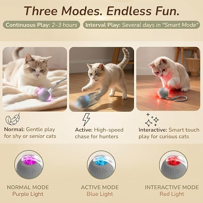 Interactive Cat Toy Automatic Moving Ball, Indoor Cats, Rechargeable, Gray
