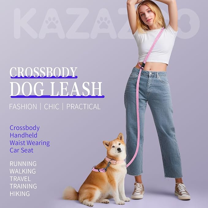 Kazazoo Hands-Free Dog Leash Adjustable Length 5-8 Ft,Waist & Crossbody Leash for Walking with Small Dogs Bichon Frisé & Teddy Reflective Strips, Ballistic Nylon, Waist Belt, Lightweight Pink