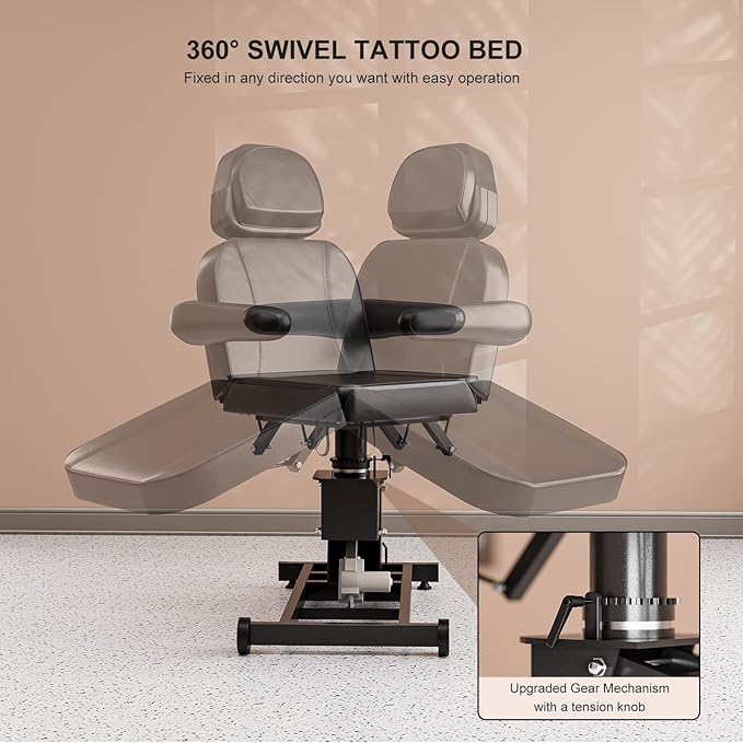 Paddie 360° Swivel Electric Height Adjustable Tattoo Spa Chair for Client, Professional Facial Esthetician Bed with Storage Pocket/2 Wheels, Headrest/Armrest Adjustable, Black