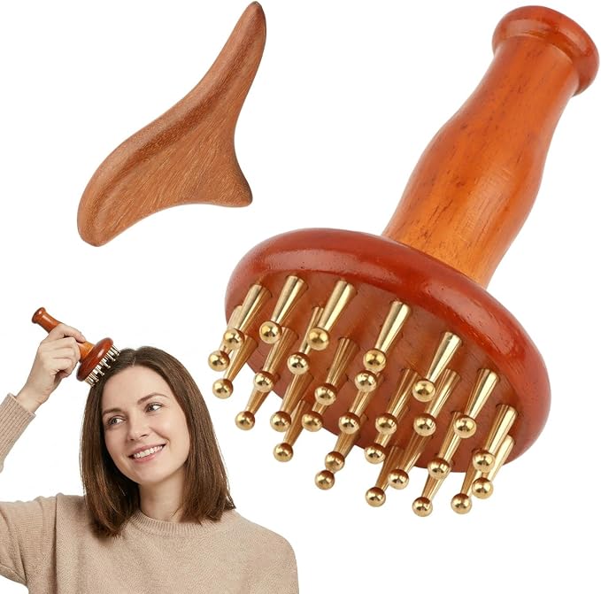 29-Teeth Wooden Handle Copper Head Massage Comb and Sandalwood Triangle Massager, Body & Scalp Gua Sha Tools Set for Meridian Acupressure, Stress Relief, Cellulite Remover