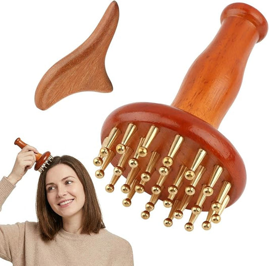 29 Teeth Copper Head Massage Comb for Body and Scalp, Include Sandalwood Triangle Tool, Meridian Point Massager Brush for Belly, Wooden Ergonomic Handle Design, Chinese SPA Gua Sha Tool for Body