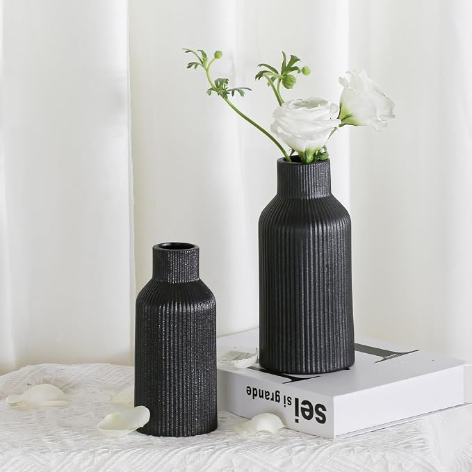 Bohemian Black Ceramic Vase - for Pampas Grass, Mantel, Bookshelf, Entryway and Living Room Decor (Black, 7in)