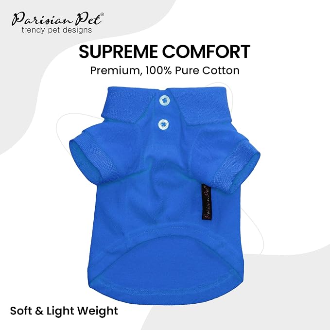 Parisian Pet Dog Polo Shirt – Classic Blue Cotton Pet Apparel with Collar & Buttons - Soft Breathable Puppy T-Shirt - Cute Dog Clothes - Ideal Summer Clothes for Large Dogs - Shirts for Dogs Boy