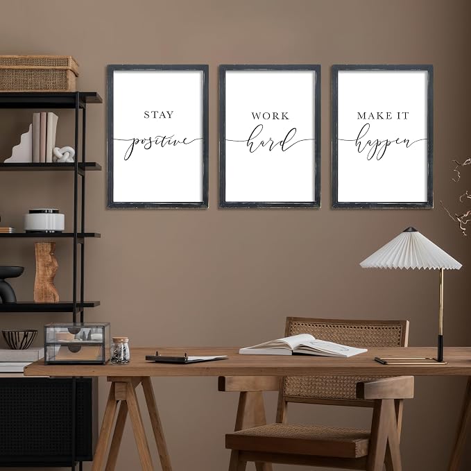 RLWangChao Inspirational Quotes Wall Art Decor 3 Piece 11"X16" Black | Modern Office, Stay Positive Work Hard Make It Happen Motivational, Framed Sign, Living Room Positive Wall Hanging