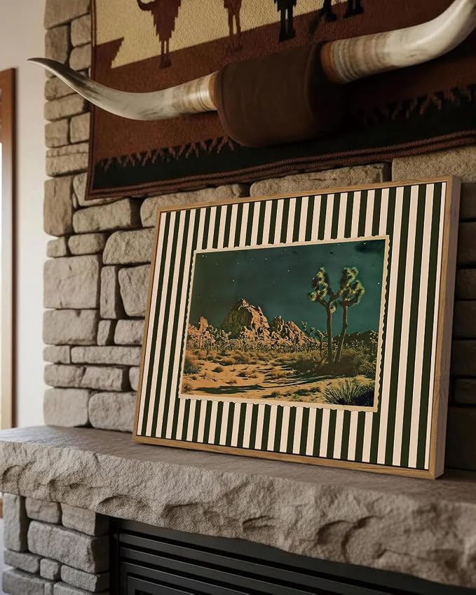 ZZLWBKGL Desert Canvas Art Boho Framed Wall Art for Living Room 12x16in | Vintage Western Artwork Southwestern Cactus Picture Mid Century Striped Paintings for Bedroom Study