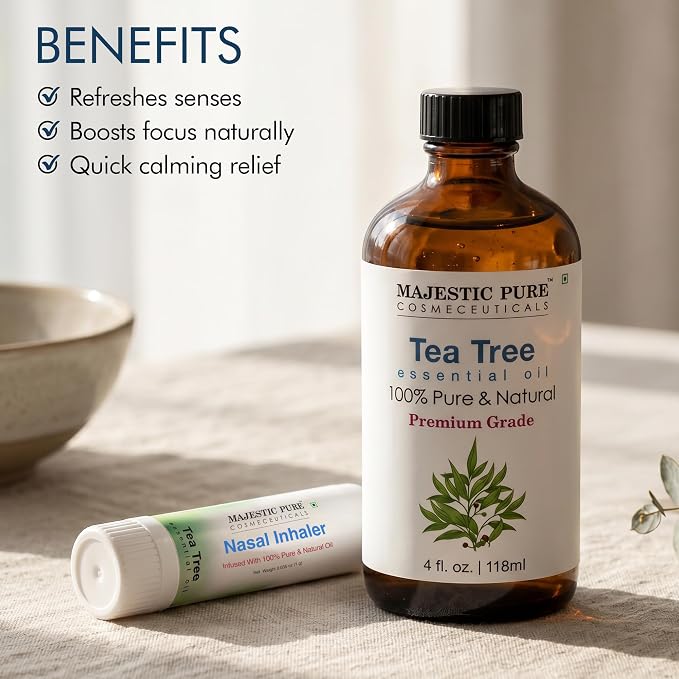 Majestic Pure Tea Tree Essential Oil, 4 Fl Oz | With Nasal Inhaler