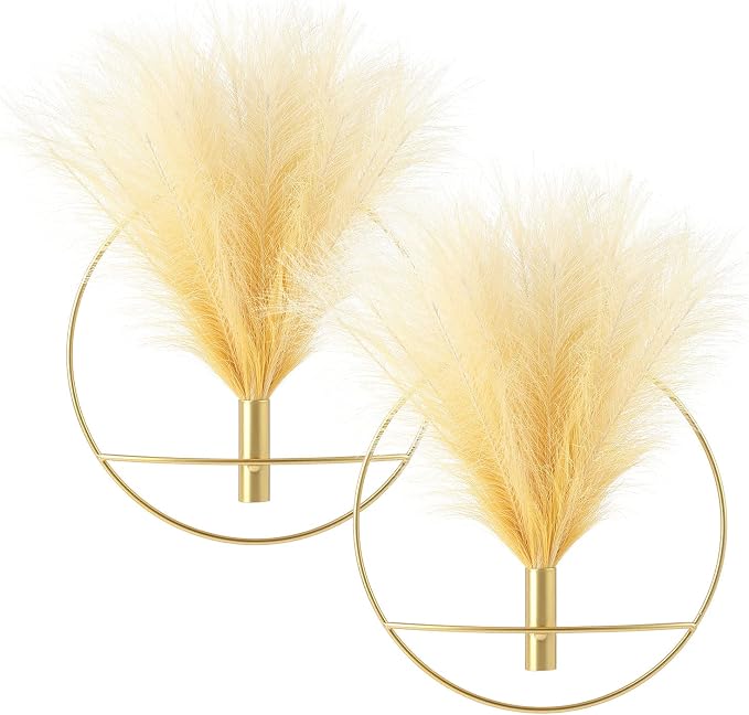 Pretty Jolly Boho Pampas Wall Decor Gold Metal Wall-Mounted Art | Morden Artificial Greenery Display，2 Pack Hanging Planter For Living Room, Bedroom, Bathroom, Dining room