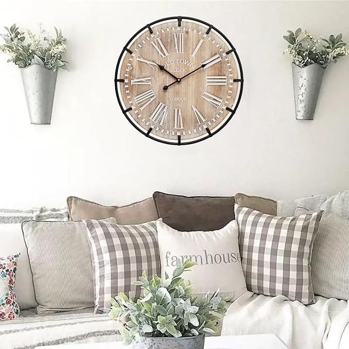 EMAX HOME 20 Inch Large Farmhouse Wall Clock, Rustic Antique Wood with Metal Circle and Large Engraved Numerals, Silent Battery Operated Wall Clock for Office Kitchen Bedroom Living Room