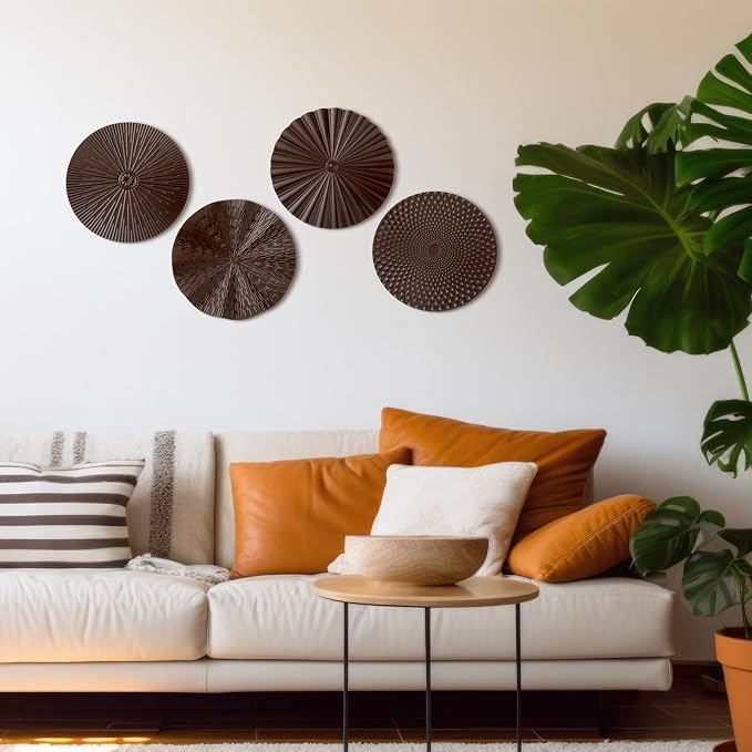 Hicarer 4 Pcs 12 Inch Brown Metal Wall Art Decor Modern Sunburst Hanging Artwork Decor Wall Decorations for Home Bedroom Bathroom Living Room Office Sculpture