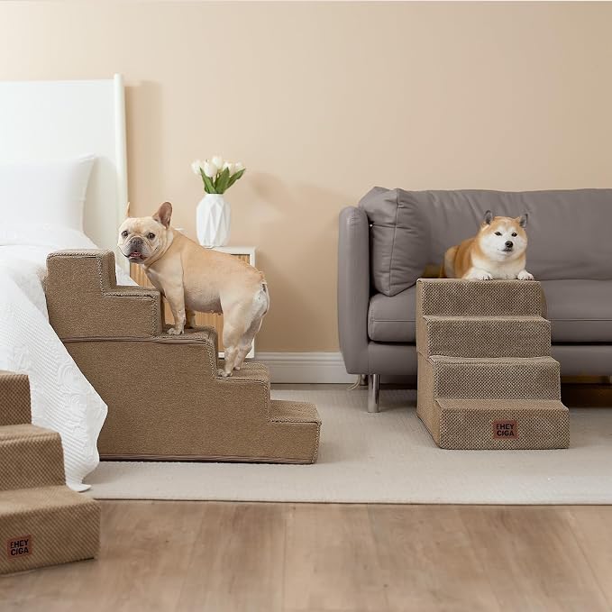 EHEYCIGA Dog Stairs for High Bed 22.5" H, 5-Step Dog Steps, Camel | Pet Steps for Small Dogs and Cats for Bed, Non-Slip Balanced Pet Ramp Indoor