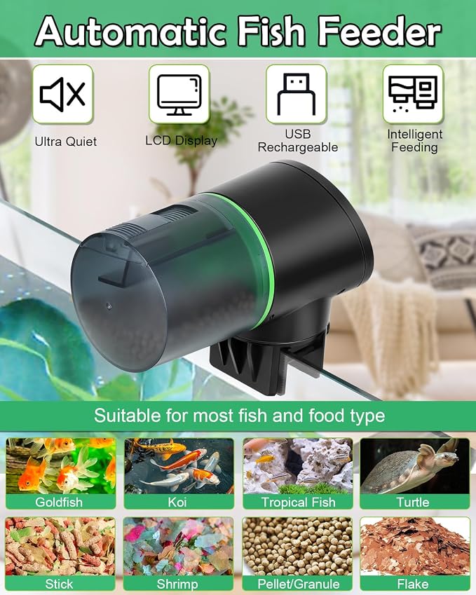 Automatic Fish Feeder for Aquarium Easy Setup & 4 Timers Green | 200ML Rechargeable Auto Food Dispenser for Flakes & Pellets, LCD Display, Vacation Feeding for Small Tank Betta Koi Turtle