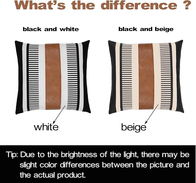 Farmhouse Stripe Pillow Cover 22x22 Boho Accent Cushion Case Faux Leather Decorative Pillowcase,Black and Beige (Cover ONLY, Pack of 2)