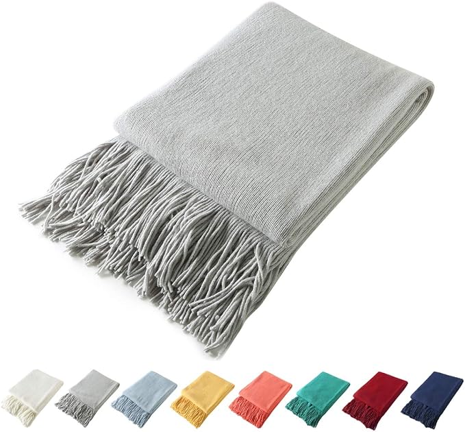 Homiest Light Grey Knitted Throw Blanket with Fringe, 50x60 Inch | Pure Acrylic, Lightweight & Breathable, All-Season Use, Machine Washable, Wrinkle & Fade Resistant, for Couch Sofa And Bed