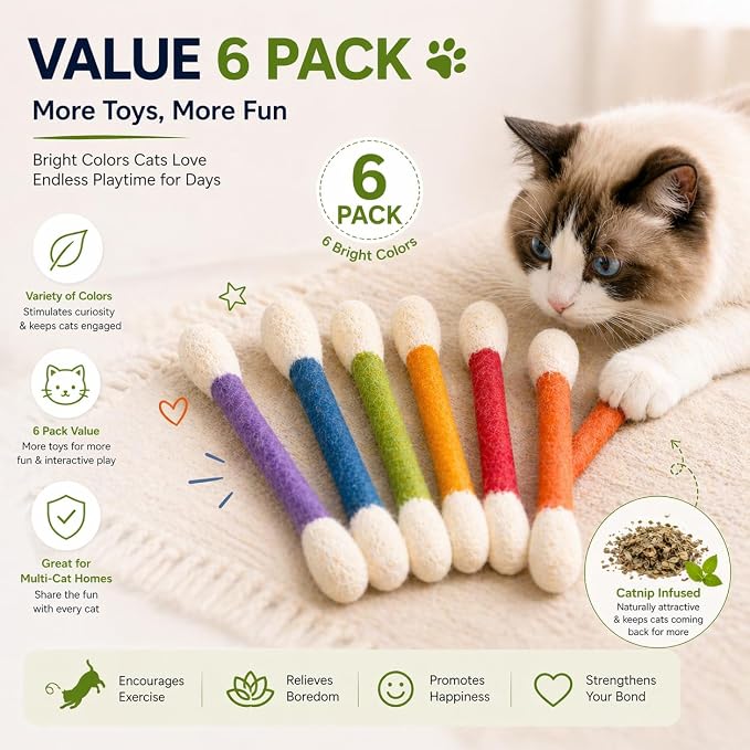 Giant Catnip Cat Toys for Indoor Cats, 6 Pack Interactive Cat Toy, Oversized Cotton Swab Design, Kitten Toys for Boredom Relief, Exercise & Play