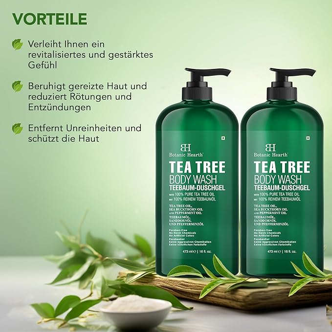 Botanic Hearth Tea Tree Body Wash (Pack of 2) for Men and Women - Moisturizing Body Wash Helps Soothe the Skin - Refreshing and Hydrating Cleanser, Sulfate Free, Paraben Free - 16.9 Fl Oz each