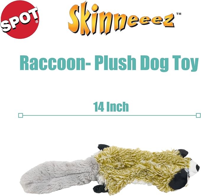 SPOT Skinneeez Raccoon 14 Inch Stuffing-Free Plush Dog Toy – Soft, Mess-Free Toy with One Squeaker for Small & Medium Dogs, Best for Light to Moderate Chewers (Pack of 2)
