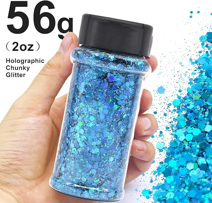 Sky Blue - Craft Glitter - 2oz Glitter Shaker Bright Colorful Holographic Mix Chunky Body Glitter Bulk Wholesale 24 Colors in Shaker Cosmetic Glitter - EBLB700
