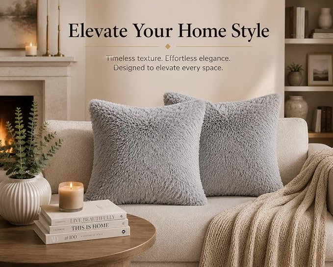 REAFORT Long Hair Faux Fur Euro Sham Cover 26"x26", Hidden Zipper (Grey) | Ultra-soft plush faux fur with a hidden zipper adds luxurious comfort and is machine washable for easy care.