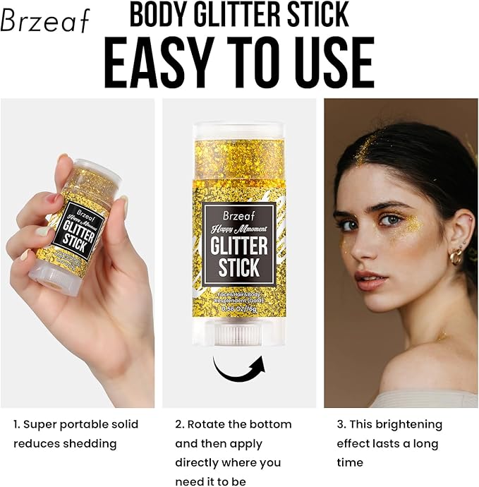 Brzeaf Waterproof Gold Glitter Stick, Face Glitter Makeup, Shimmery & Long Lasting, Chunky Glitter for Face/Body/Hair/Eyes/Lip, Singer Concert Music Christmas Rave Festival
