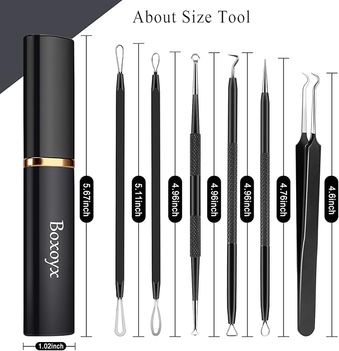 Boxoyx Pimple Popper Tool Kit - 6 Pcs Blackhead Remover Comedone Extractor Tool Kit with Metal Case for Quick and Easy Removal of Pimples, Blackheads, Zit Removing, Forehead, Facial and Nose(Black)