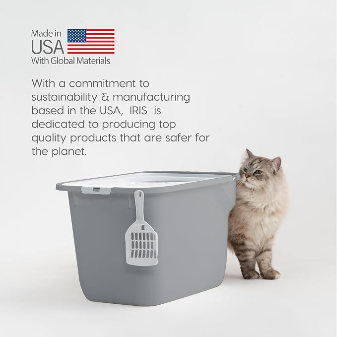 IRIS USA Large Top Entry Cat Litter Box with Lid, Enclosed Covered Cat Litter Box for Indoor Cats, Dog Proof Design, Odor Control, Litter Tracking Reduction, Scoop Included, Gray/White