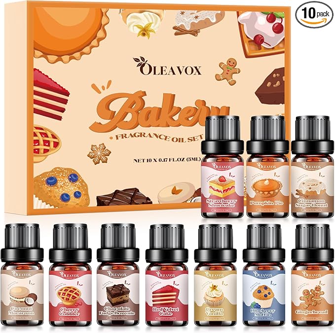 Bakery Essential Oils Set,Premium Fragrance Oil for Diffusers, Scents for Candle & Soap Making, Pumpkin Pie, Cream Vanilla, Gingerbread,Cinnamon Sugar Donut and Cake More 10x5ml,Aromatherapy Oils