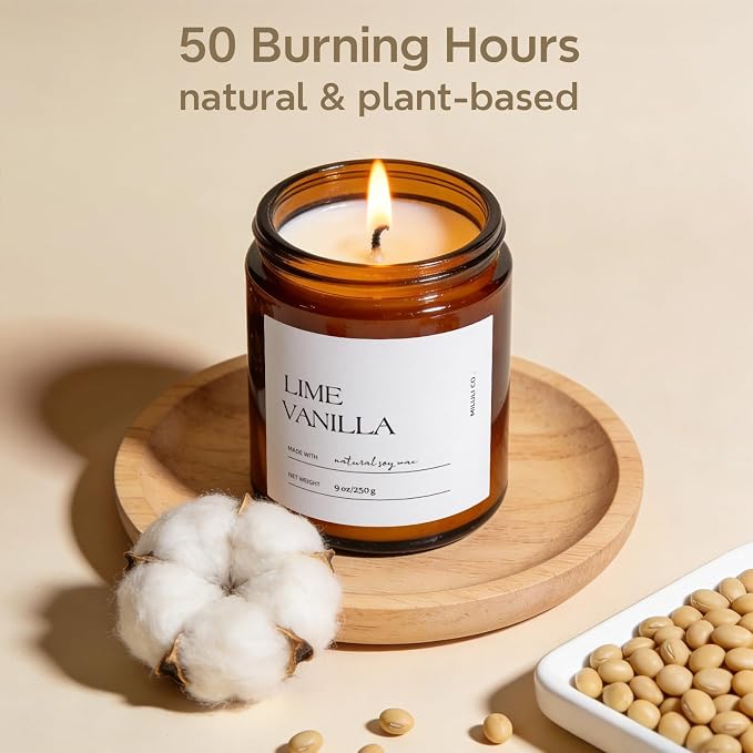Vanilla Lime Scented Soy Candle for Home, Natural Aromatherapy Candles with Essential Oils, Nontoxic Clean Burn, Strong Balanced Scent, 50 Hour Longlasting, Amber Jar Candel for Women Men(9oz)