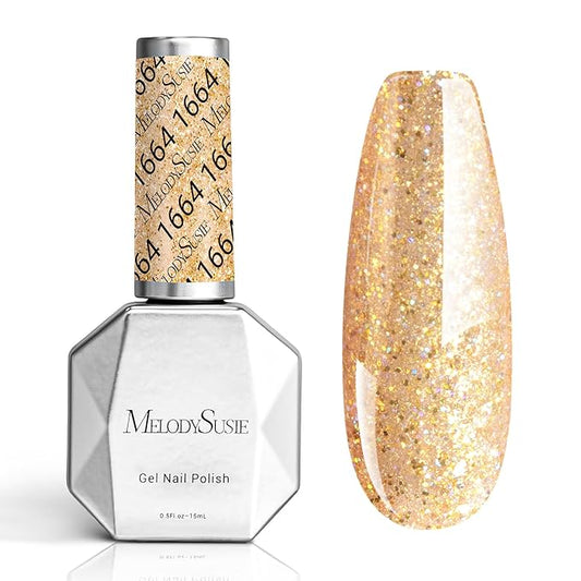 MelodySusie Gold Glitter Gel Nail Polish,0.5 Fl Oz Soak Off UV LED Sparkle Gold Reflective Gel Polish Gift for Women Nail Art Manicure Salon DIY Nail Design Decoration at Home-A1060