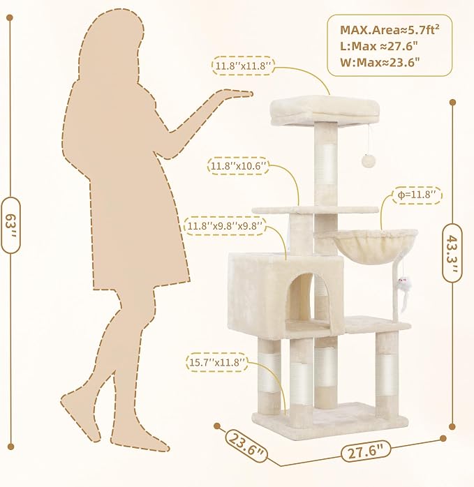 Heybly Cat Tree with Toy, 43.3 inch Cat Tower for Indoor Cats HCT004SM | Cat Condo with Durable Sisal Scratching Posts, Cat House with Padded Plush Perch, Cozy Hammock, Beige