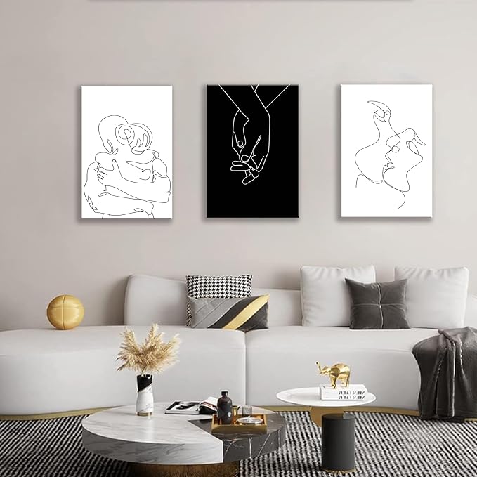 Couples Wall Decor Minimalist Line Wall Art Abstract Love Painting Black and White Line Drawing Art Hug Kiss Holding Poster Prints for Bedroom Bathroom Living Room Wall Decor