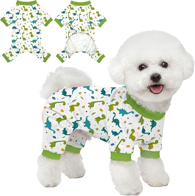 Dog Pajamas for Small Medium Dogs Pjs Green Dinosaurs Dog Onesie Breathable Puppy Pj Pet Stretchy Soft Sleepwear for Spring Summer Costume-L