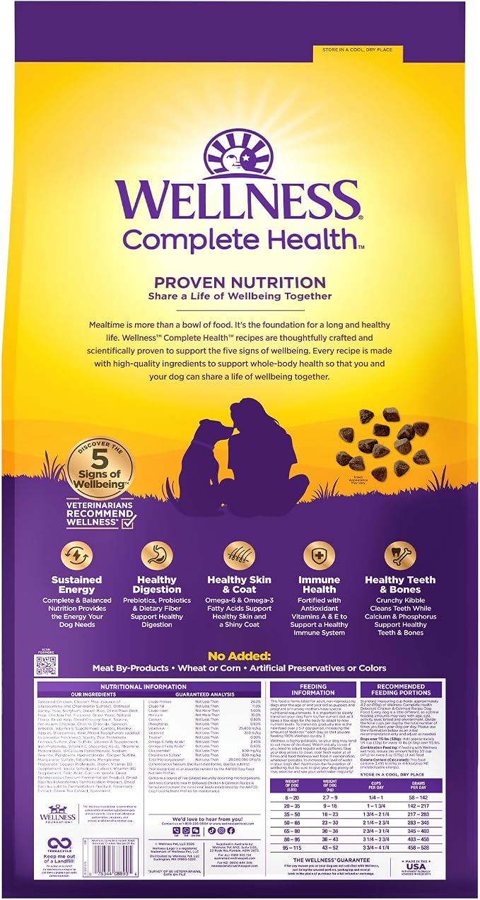 Wellness Complete Health Adult Dry Dog Food, Wholesome Grain Kibble, Natural, Chicken and Oatmeal Recipe, 26 lb Bag