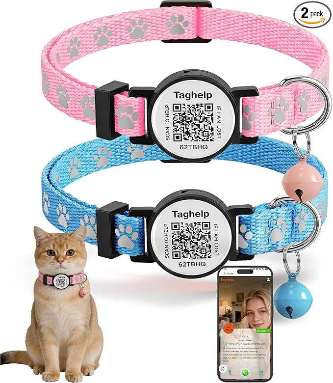 2 Pack QR Code Cat Collar with Instant Lost Pet Recovery System, Scan for Urgent Alerts & Location Info, Breakaway Reflective Collar with Safety Bell (Blue & Pink)