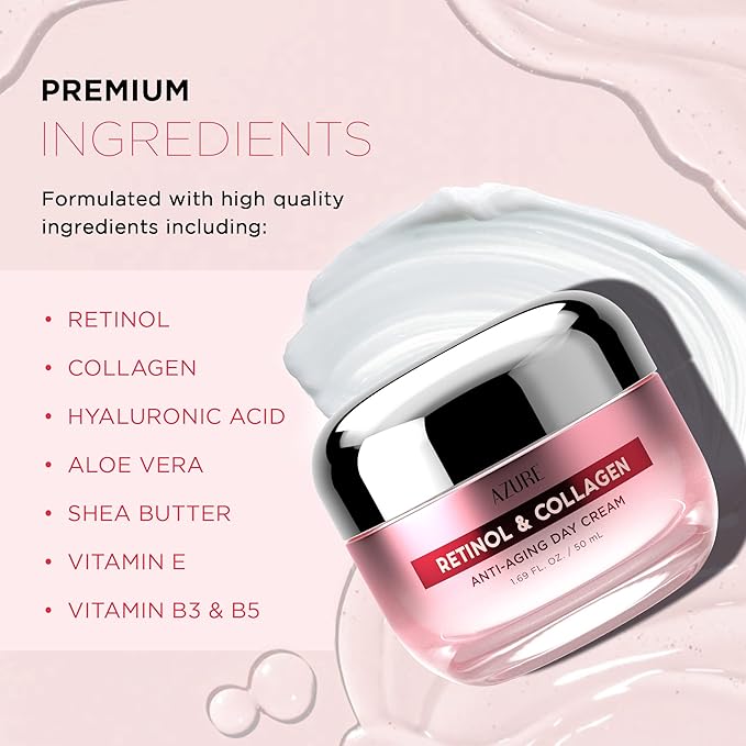 Azure Cosmetics Retinol & Collagen Moisturizer For Face - Dermatologist Tested, Anti-Aging - Skin Tightening, Fine Lines and Wrinkles Treatment Face Cream - Korean Skin Care - All Skin Type 1.69 fl oz