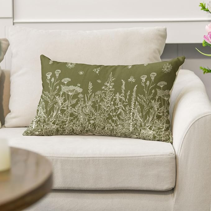 AVOIN colorlife Wildflowers Spring Moss Green Throw Pillow Cover 12x20 Inch | Floral Cushion Case Decoration for Home Sofa Couch