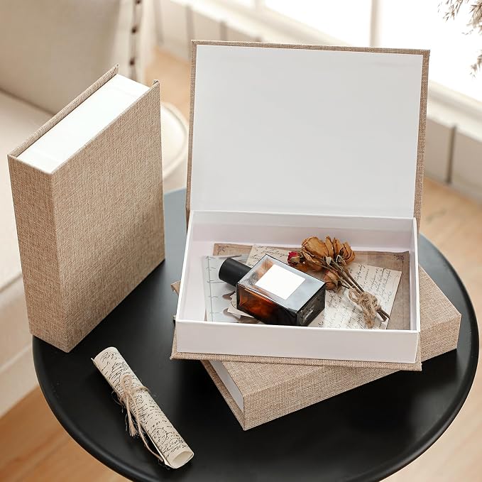 Tioncy 3 Pcs Decor Linen Faux Book Box Set Aesthetic DIY Fake Linen Book Box for Decor Storage Cafe Table Bookshelf Gift Home Keepsake(8.6 x 6.1 x 1.8 Inch,Khaki)