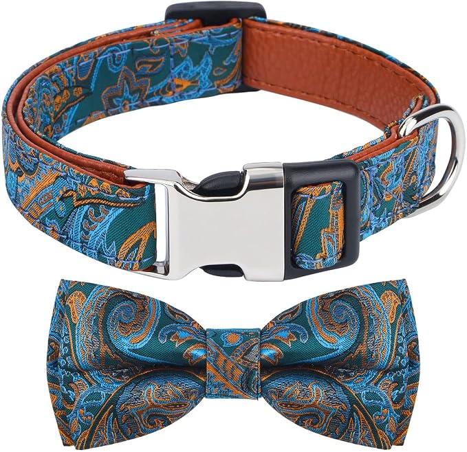 Dog Collar with Bow Tie for Girl or Boy Gift Soft Durable Bowtie Paisley Medium
