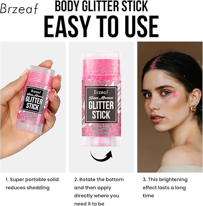 Brzeaf Christmas Pink Glitter Stick, Not Greasy & Long Lasting, Chunky Glitter for Face/Body/Hair/Eyes/Lip, Singer Concert Music Rave Festival, Glitter Stick Makeup & Face Glitter Gel for Women Men