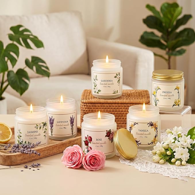 6 Pack Scented Candles for Women – Lavender, Vanilla, Gardenia, Rose, Jasmine, Freesia Floral Scents, 21oz Natural Soy Wax Aromatherapy Candles for Relaxation Stress Relief & Birthday Gifts for Women