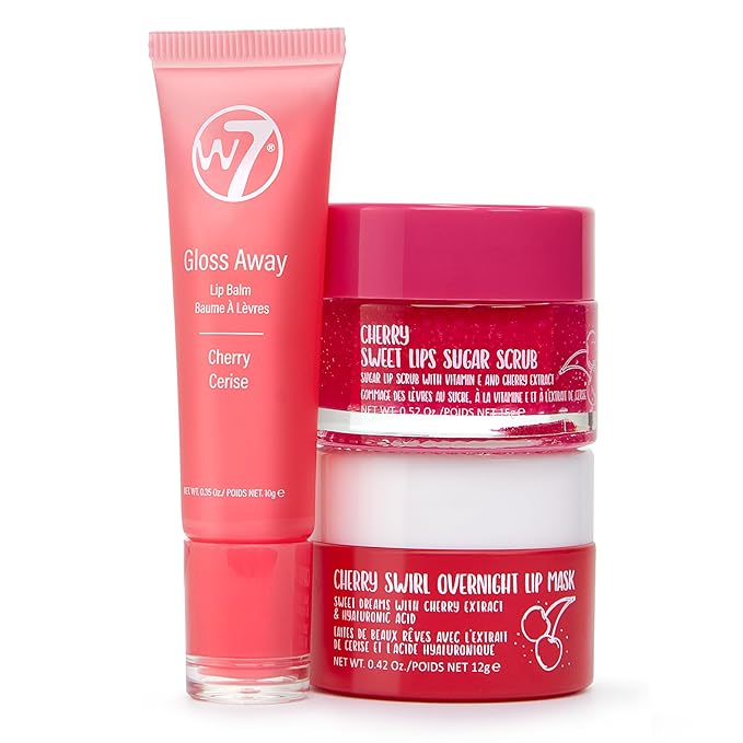 W7 Sweet Dreams Lip Care Trio - 3 Piece Set - Overnight Lip Mask, Lip Balm & Lip Scrub - Cherry