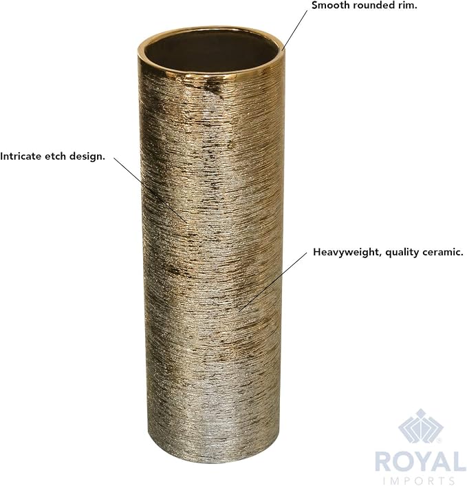 Royal Imports Flower Glass Ceramic Vase Decorative Centerpiece for Home or Wedding - Etched Cylinder Shape, 4"x12", Gold
