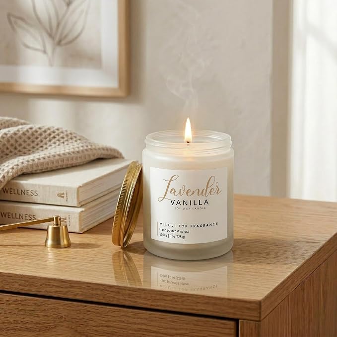 Lavender Vanilla Scented Candles for Home - 15% Essential Oil Luxury Aromatherapy - Handmade Natural Soy Wax Candle for Relaxation,Sleep- 9oz Frosted White Jar,50H Clean & Non-Toxic Burn