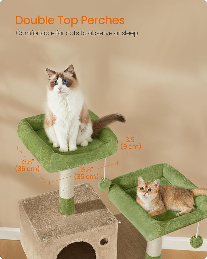 Feandrea Cat Tree, 55.8-Inch Cat Tower, Multi-Level Plush Condo with 11 Scratching Posts, 2 Perches, Hammock, Cave, Grass Green and Camel Brown UPCT015CB02
