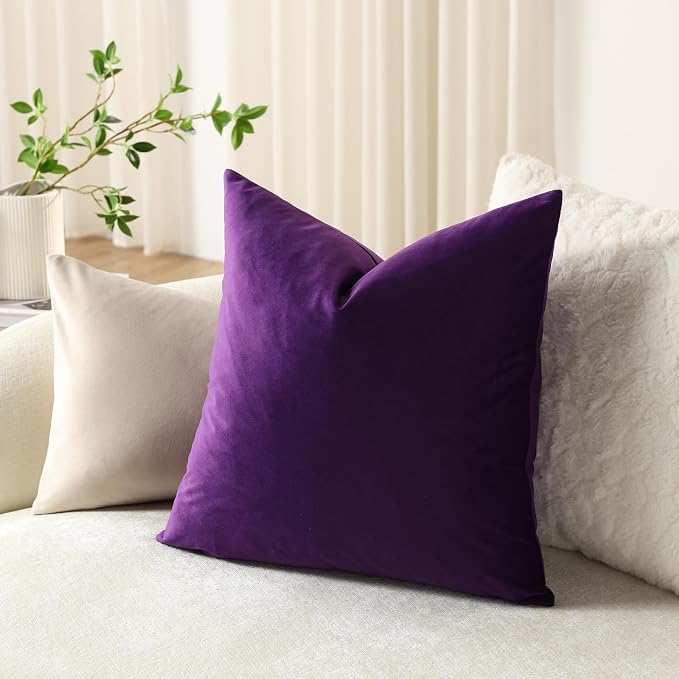 Throw Pillow Covers 18x18 Purple: Pack of 2 Cozy Soft Velvet Square Modern Luxury Decorative Throw Pillow Cases for Sofa Couch Living Room Bed Home Decor