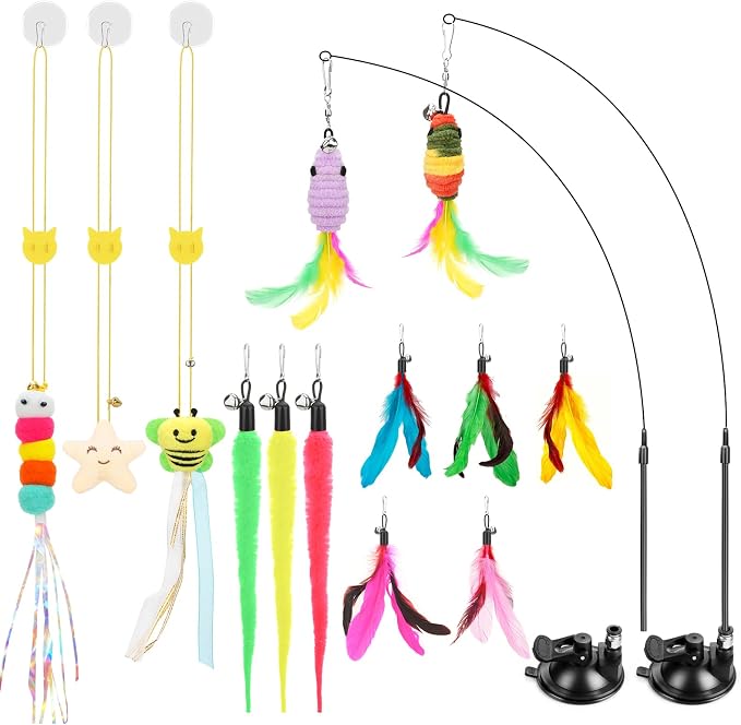 Atosun Interactive Cat Toys, 15PCS Cat Wand and Feather Toys for Indoor Cats, Reusable Suction Cup Toys for Kittens Play Exercise