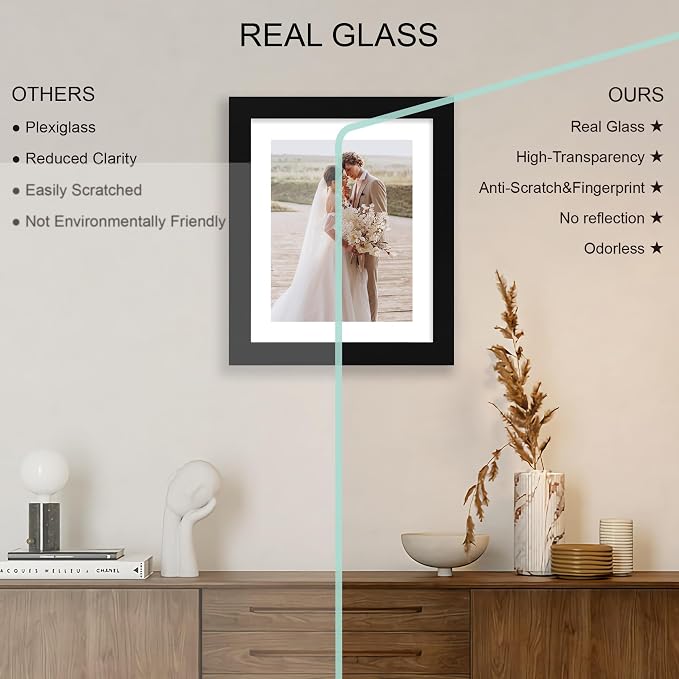 Hongkee 9x11 Picture Frame Set of 4, Made of Real Glass and Black Frame - Display Picture 7x9 with Mat or 9x11 Without Mat, 9 by 11 Photo for Wall or Tabletop