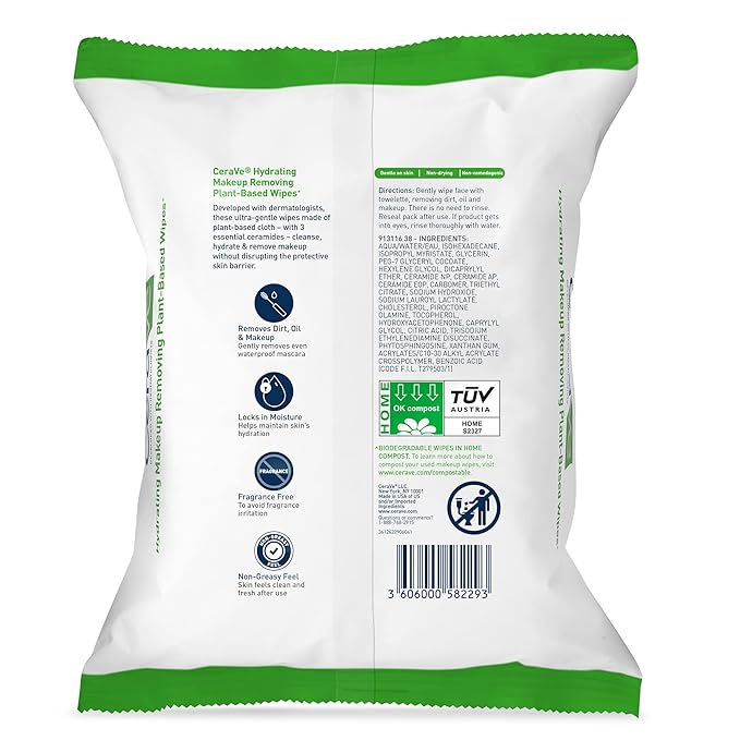 CeraVe Makeup Remover Wipes, Plant Based Face Wipes, Biodegradable in Compost, Waterless Face Wash, Travel Essentials for Women, Suitable for Sensitive Skin, Fragrance-free + Non-comedogenic, 25ct
